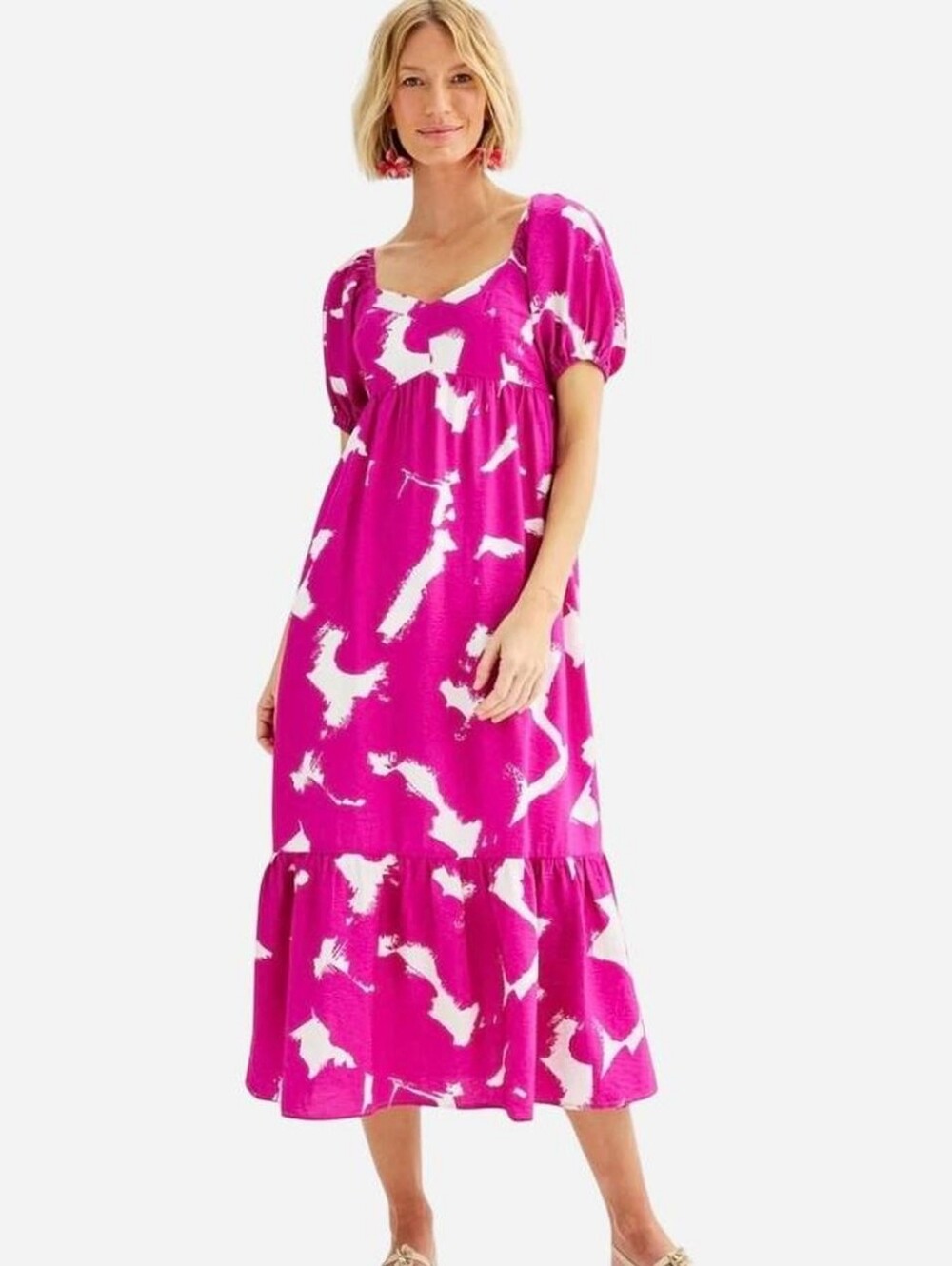 NWT Nine West Pink Abstract Puff Sleeve Babydoll Maxi Dress Size Large